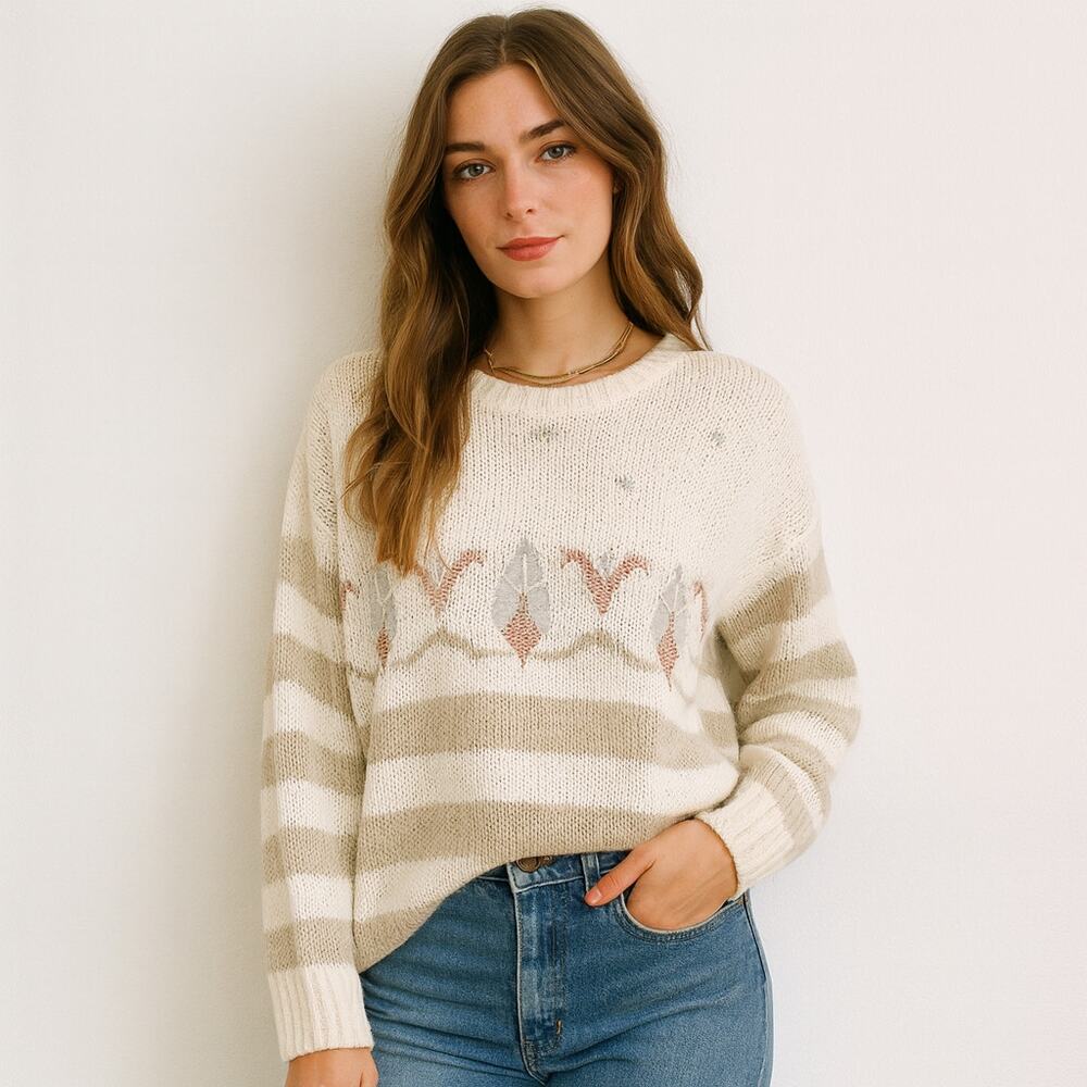 Vintage 1980s Beldoch Popper Cream Ivory Striped Acrylic Embellished Sweater M